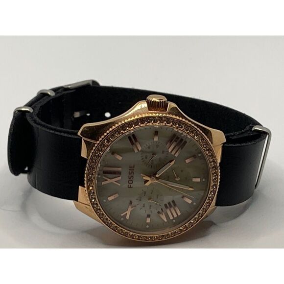 Fossil AM4616 Women's Black Leather Analog Beige Dial Genuine Wrist Watch RU239 - Picture 6 of 11